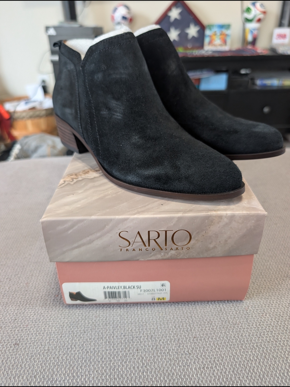Franco Sarto Black Suede Ankle Booties with Low Stacked Heel
